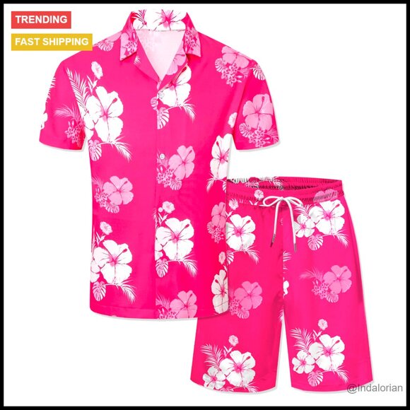 Floral Print Hawaiian Shirt and Shorts Set Tropical Beach Vacation Regular Fit